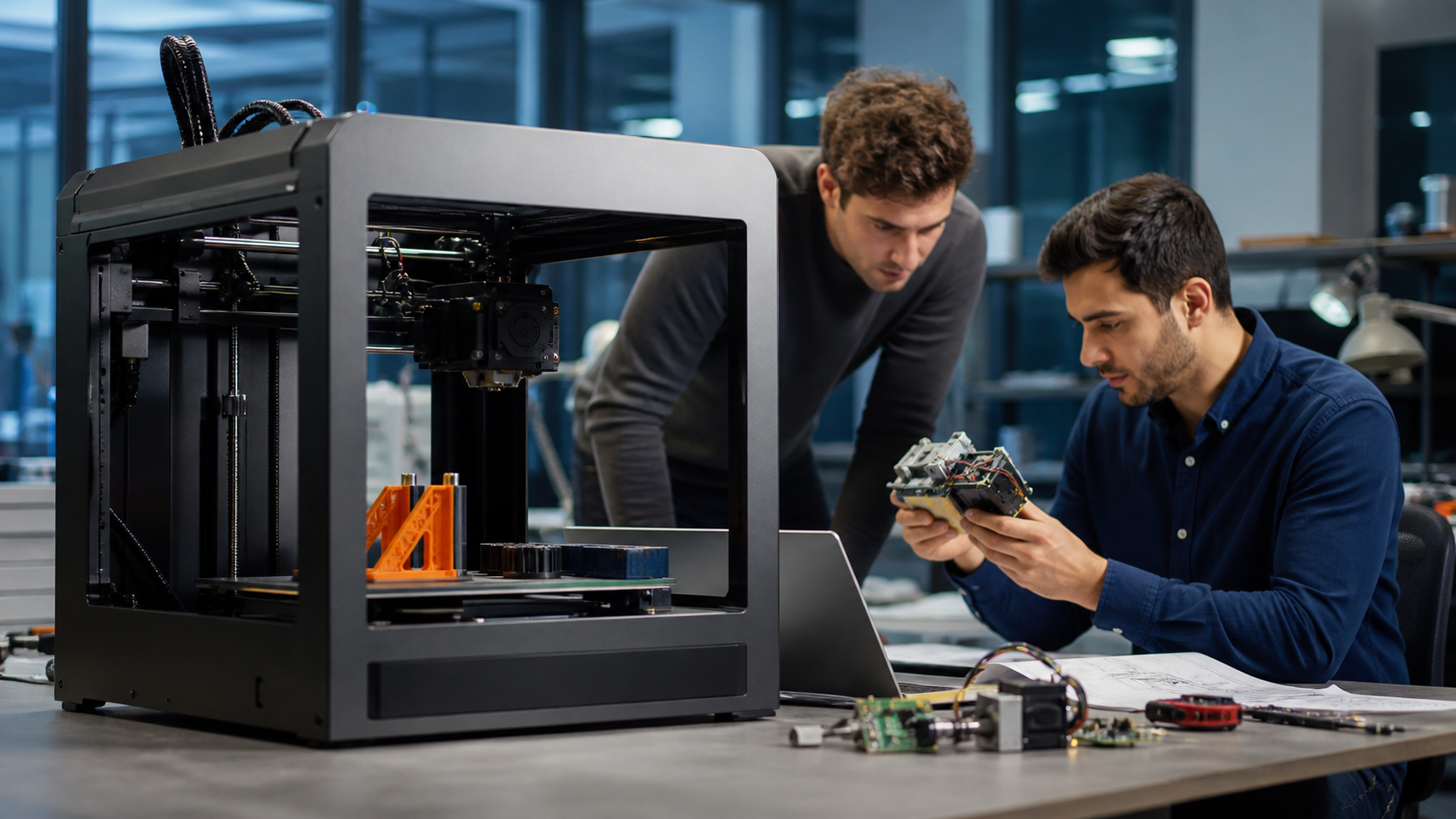 Masaüstü 3D yazıcı prototipini inceleyen iki mühendis