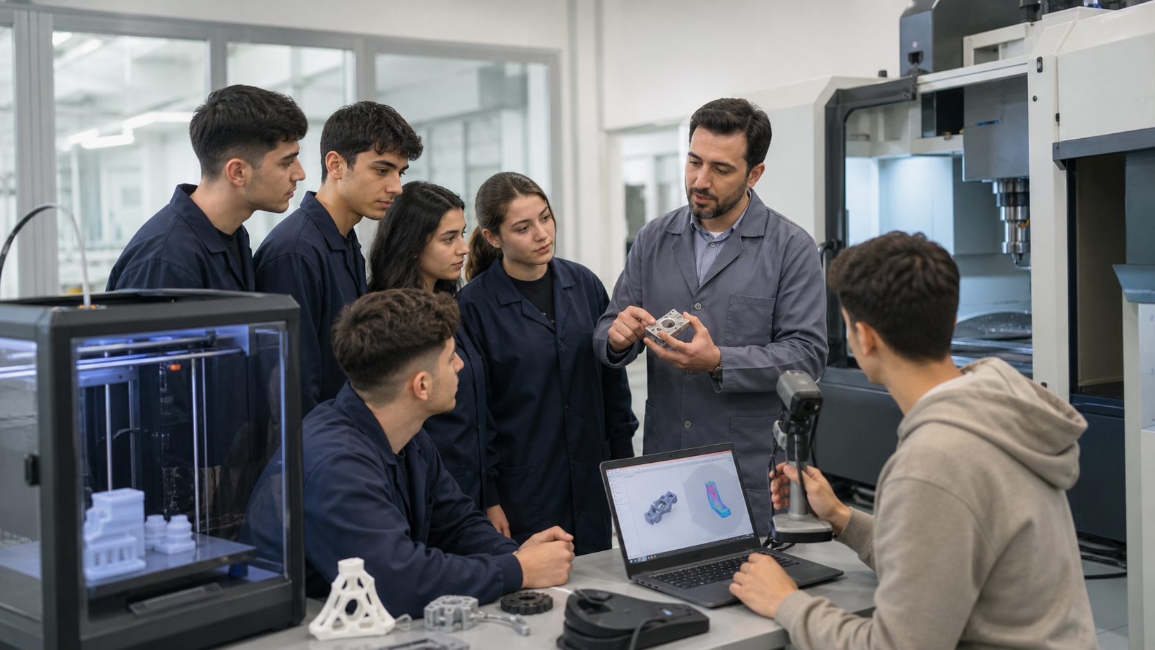 3D yazıcı ve 3D tarayıcı çevresinde eğitim alan öğrenciler
