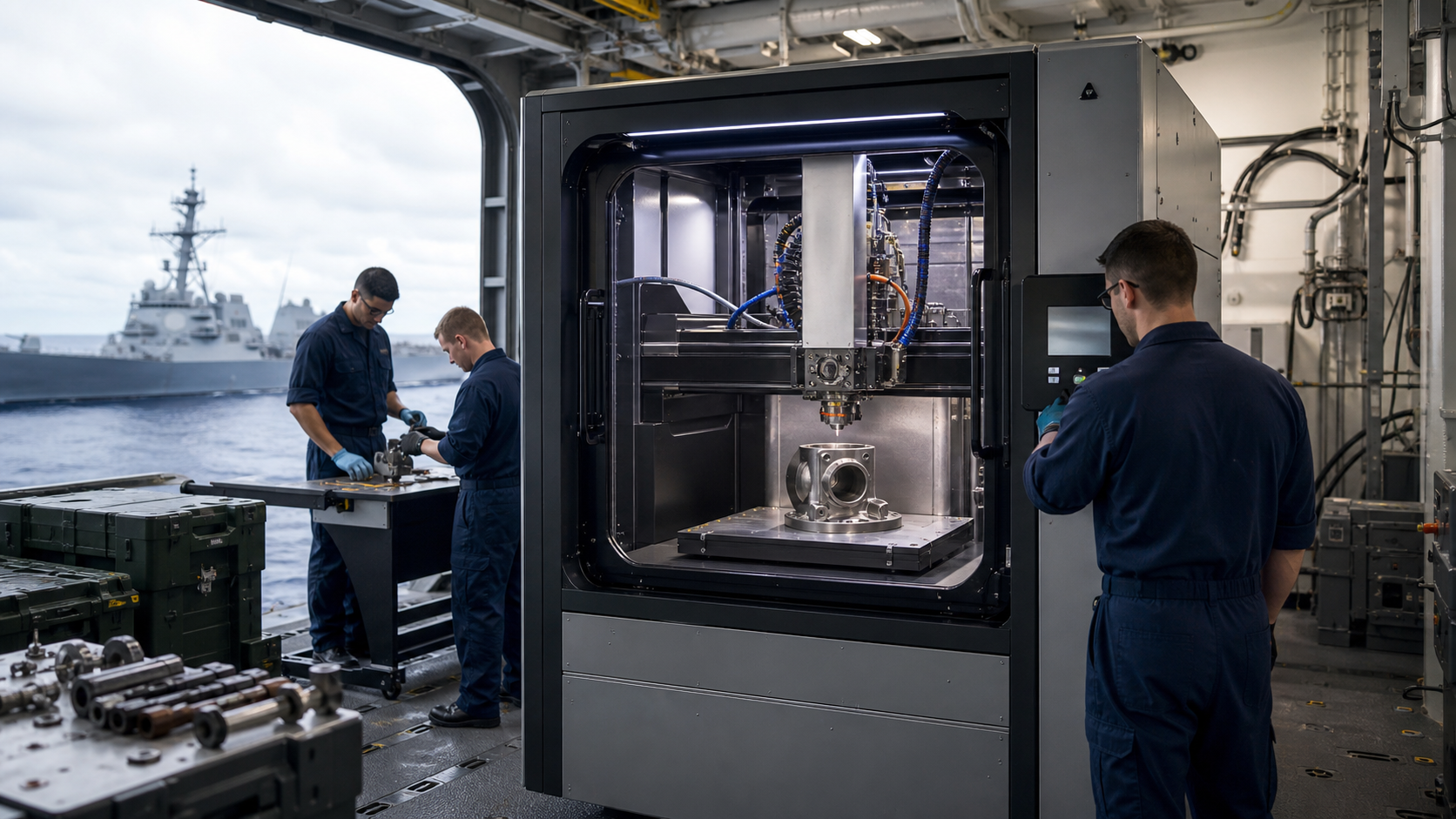 Savaş gemisi hangarında hibrit metal 3D yazıcı kullanan teknik ekip