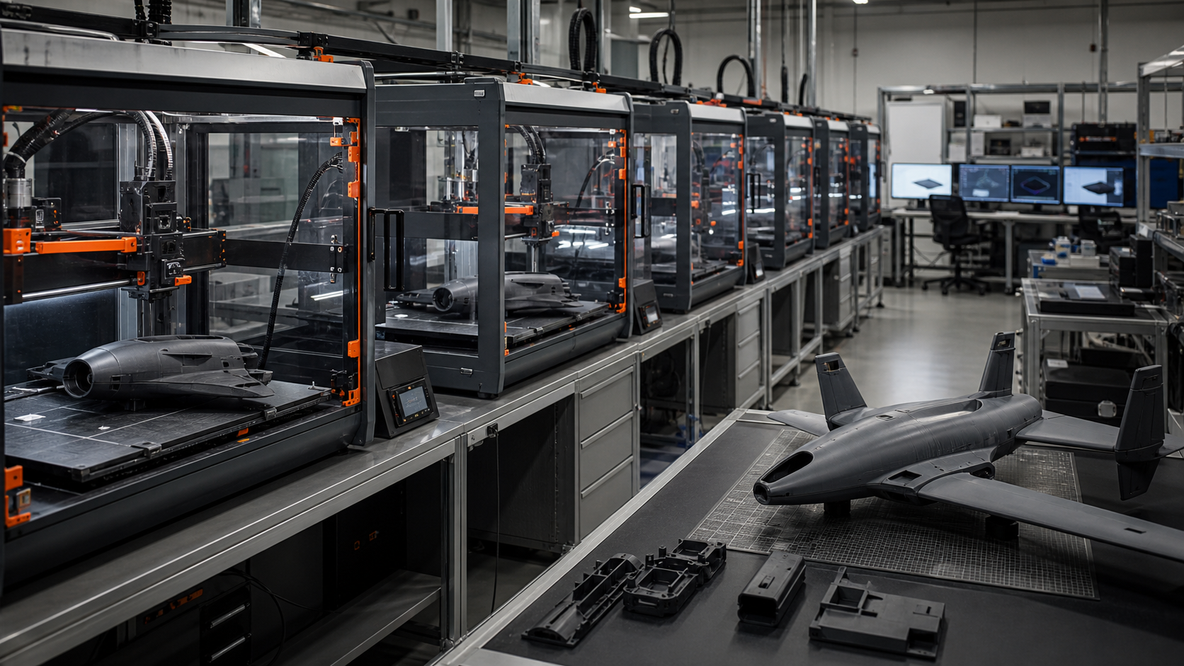 Drone gövde parçaları üreten çoklu 3D yazıcı üretim çiftliğinin temsili görünümü